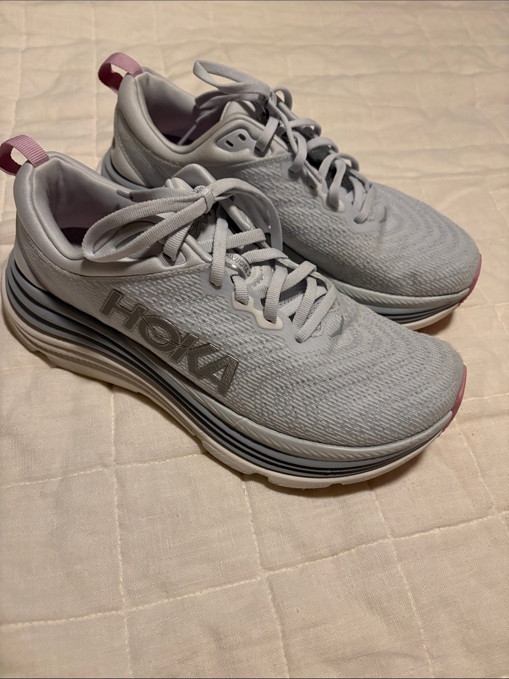 Hoka Women's Light Gray Running Trainers with Pink Heel Tabs